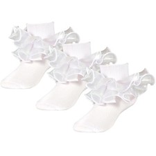 3 Pairs Girls White Ruffle Socks Toddler Double Lace Frilly 1-3T White 3pairs