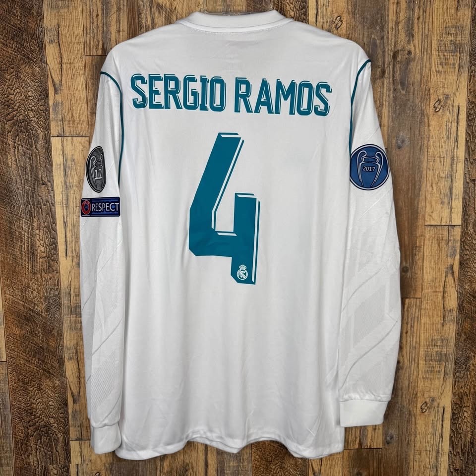 Real Madrid 2017-18 Home Long Sleeve Soccer Jersey RAMOS #4 Men's