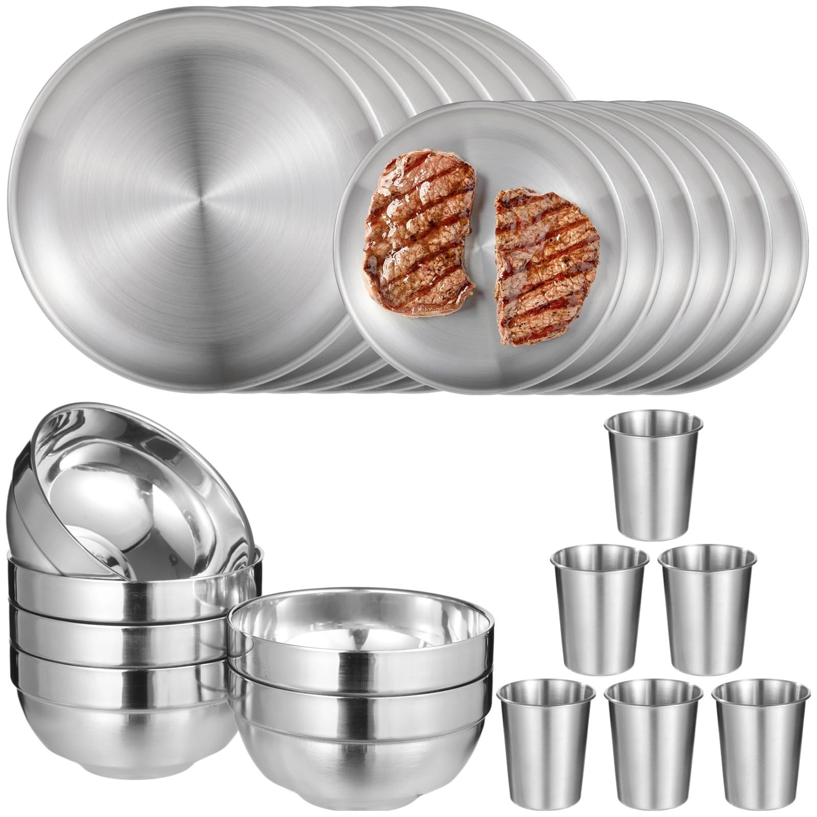 24 PCS Stainless Steel Dinnerware Set, Includes 12PCS 6.7 & 10.2 in Plates, 6...