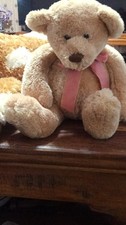 Beige Plush Teddy Bear with Bow and Brown Eyes.  14" tall