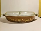 Vintage PYREX Early Americana Gold Brown Oval Divided Covered Dish 1.5 Qt. Lid