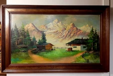 Vintage Original Oil Painting Bard 1956 Cabin Woods Mountain Forest MCM Art 