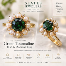 14K Yellow Gold Green Tourmaline Pearl Diamond Floral Ring Size 6