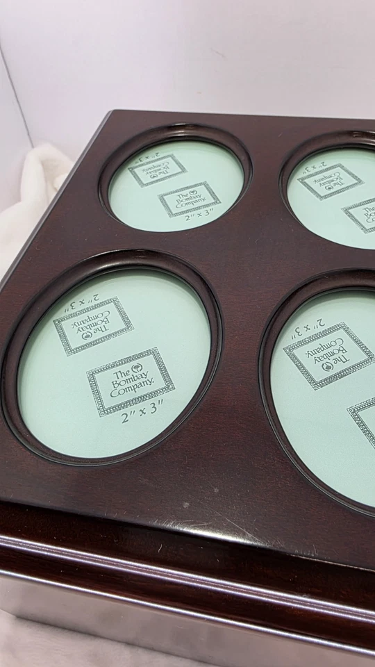 Caja de almacenamiento de fotos de madera Bombay Company de colección con 4 expositores de fotos en tapa *LEER* Foto 2 de 4