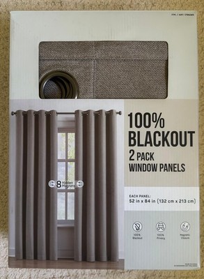 100% Blackout Curtains 52x84 2 Pack Magnetic Closure Beige Window Panels