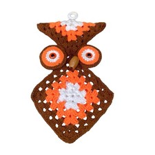 Vintage 70's Retro Crochet Owl Wall Hanging Boho Decor 14" Granny Square Orange