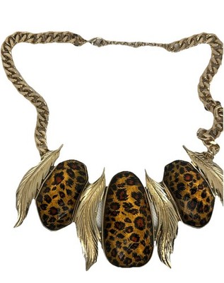 Chunky Animal Print Acrylic Stone  & Goldtone  Feather Necklace Statement