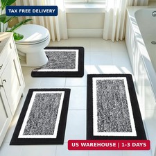 3 Piece Bathroom Rug Set, Non Slip Washable Bath Mat, Black