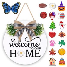 Interchangeable Welcome Sign for Front Door - Solid Wooden Welcome Wreaths wi...