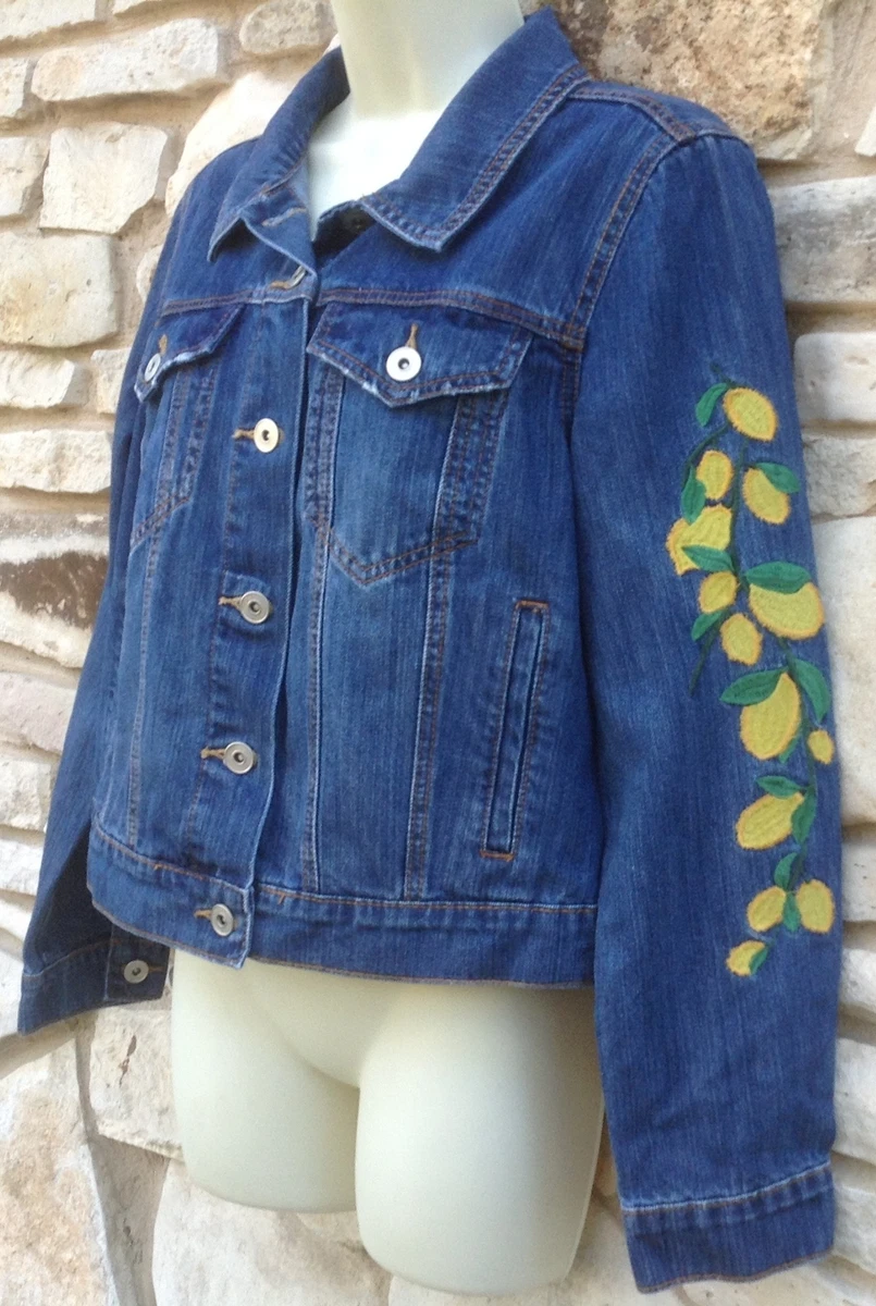 Bagatelle Denim Jeans Jacket Womans L Blue Embroidered Lemons Trucker Distressed