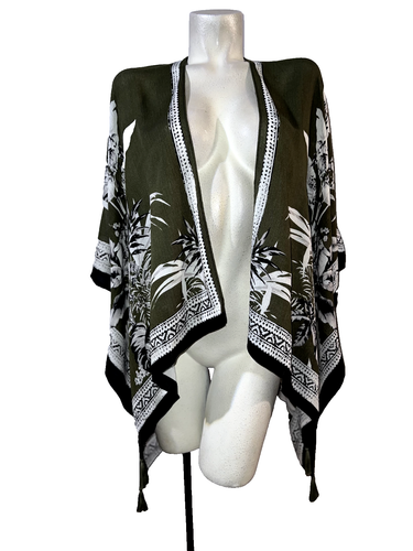 VINCE CAMUTO Blumen Kimono Herbst Wickel One Size grün Oversized vorne offen Quaste
