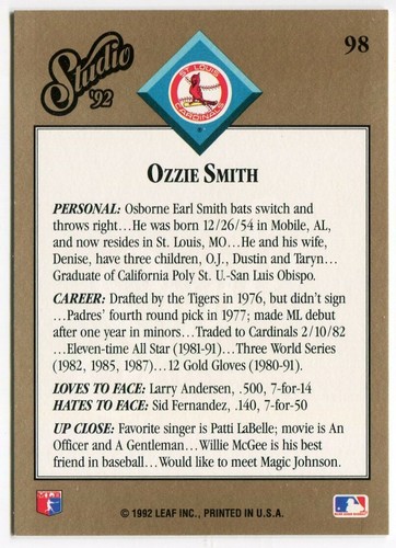 1992 Leaf Studio #98 Ozzie Smith St. Louis Cardinals - Picture 2 of 2
