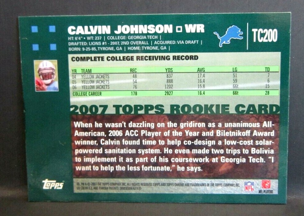 CALVIN JOHNSON RC 2007 TOPPS CHROME BLACK BORDER ROOKIE CARD#200 - Main Image