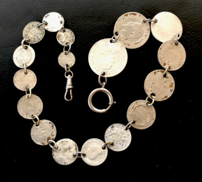 Antike silberfarbene Uhrkette aus Münzen Taschenuhrenkette Uhrenkette  Münzkette