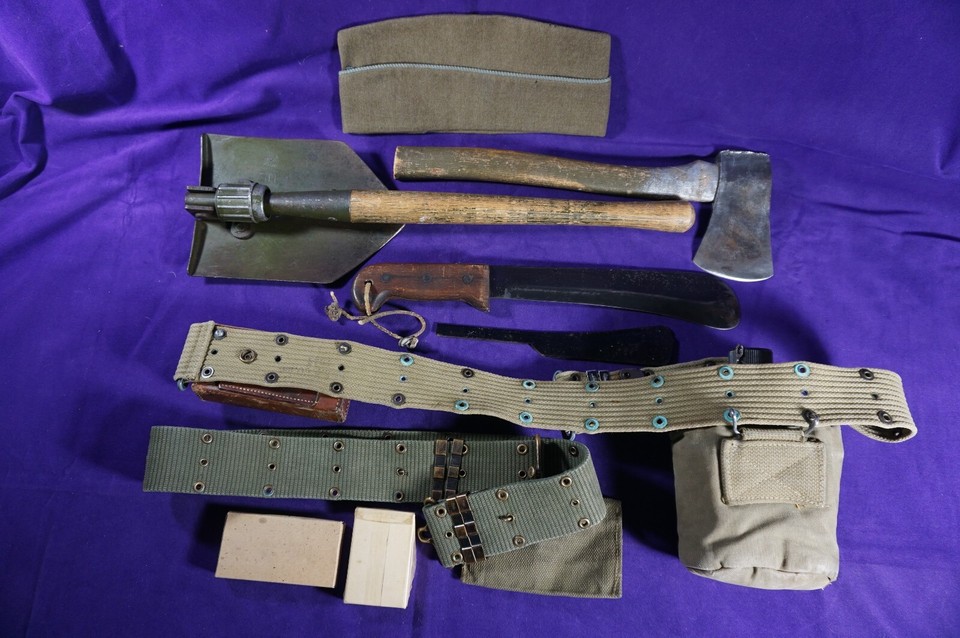 WWII US Army Pilot Survival Machete Shovel Hatchet Belt Canteen + more