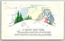 Happy New Year~Winter Landscape Scene In Frame~Emb~Made In USA~Vintage Postcard
