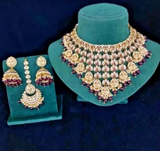 Elegant Gold Plated  Chand Bali Necklace With Jumka Earring + Tikka For Girls.