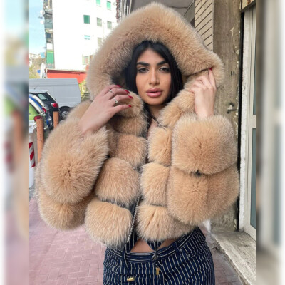 Short Women Fashion Real Fox Fur Coat Winter Hooded Outwear Slim