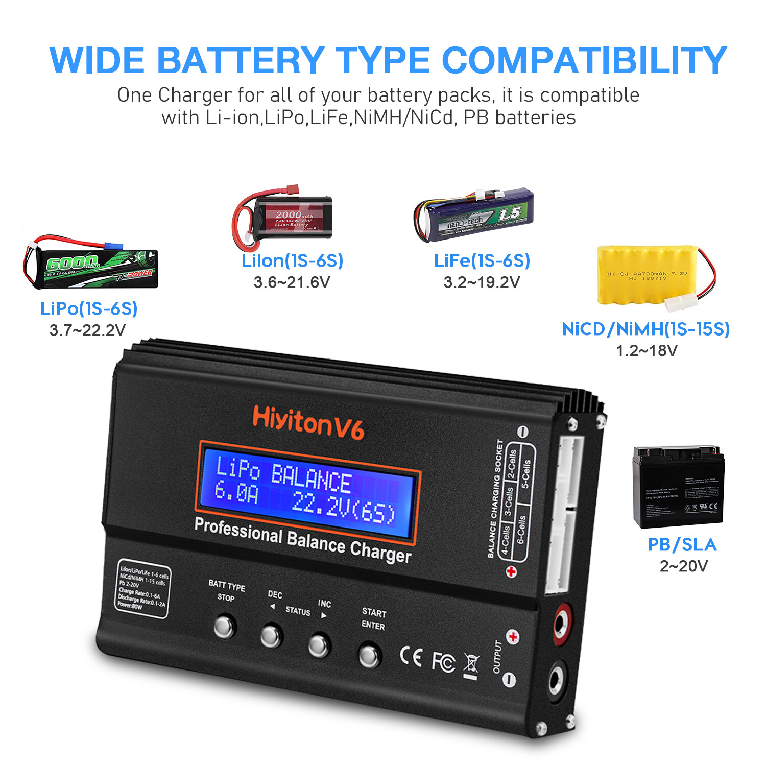 V6 Battery Charger,Balance Charger Discharger 1S-6S Digital Battery Pack Charger