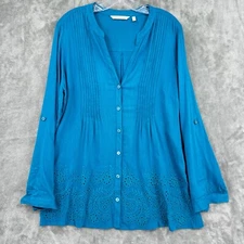 Soft Surroundings Blouse Medium Eyelet Lace Bohemian Pleated Boxy Relaxed Blue