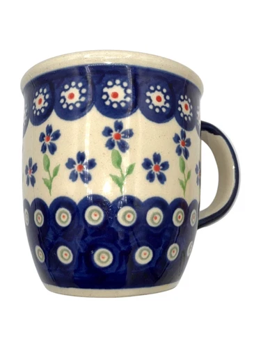 BOLESLAWIEC ceramic MUG Polish Poland pottery flowers & peacock eyes
