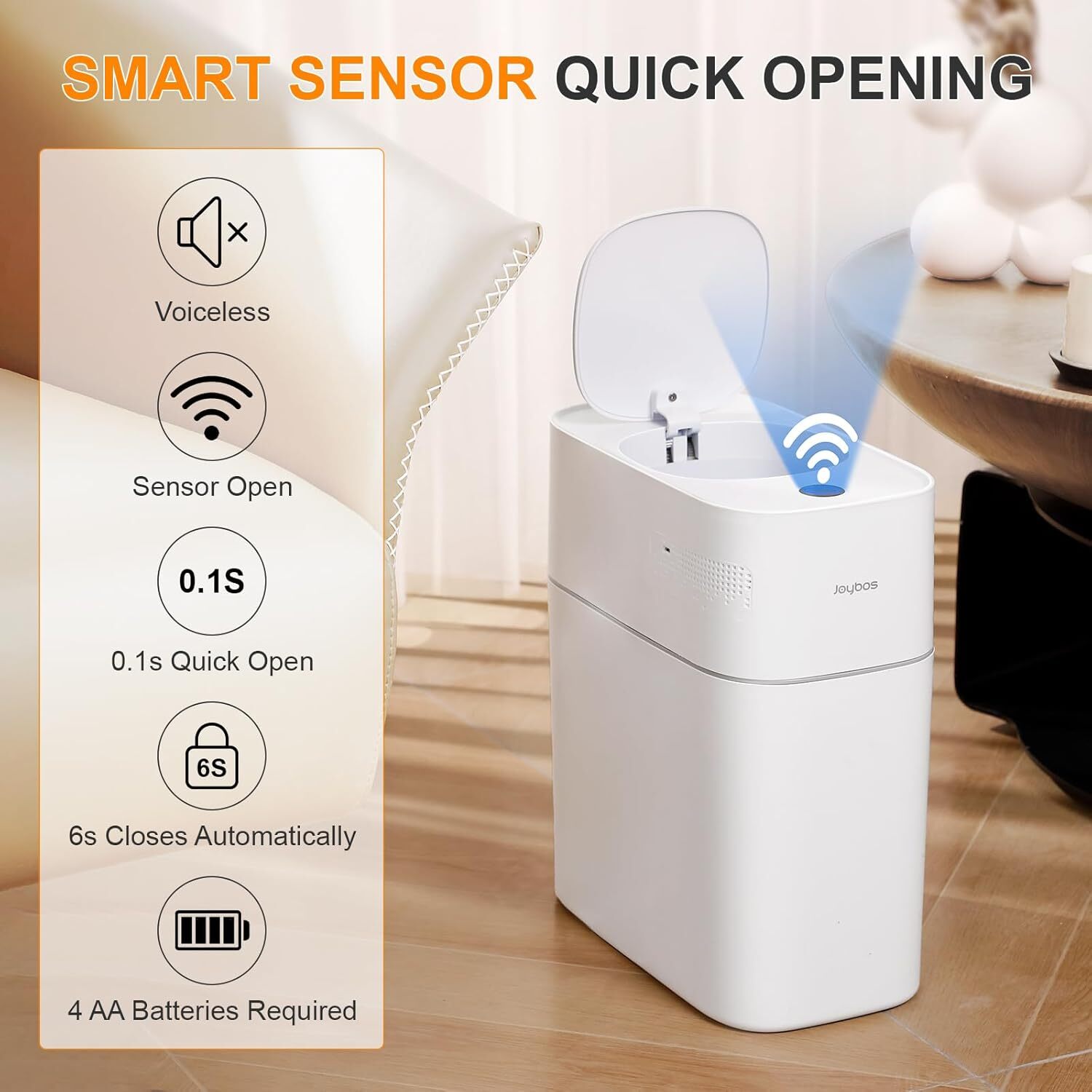 Automatic Motion Sensor Bathroom Wastebasket with Lid, Slim Smart Wastebasket