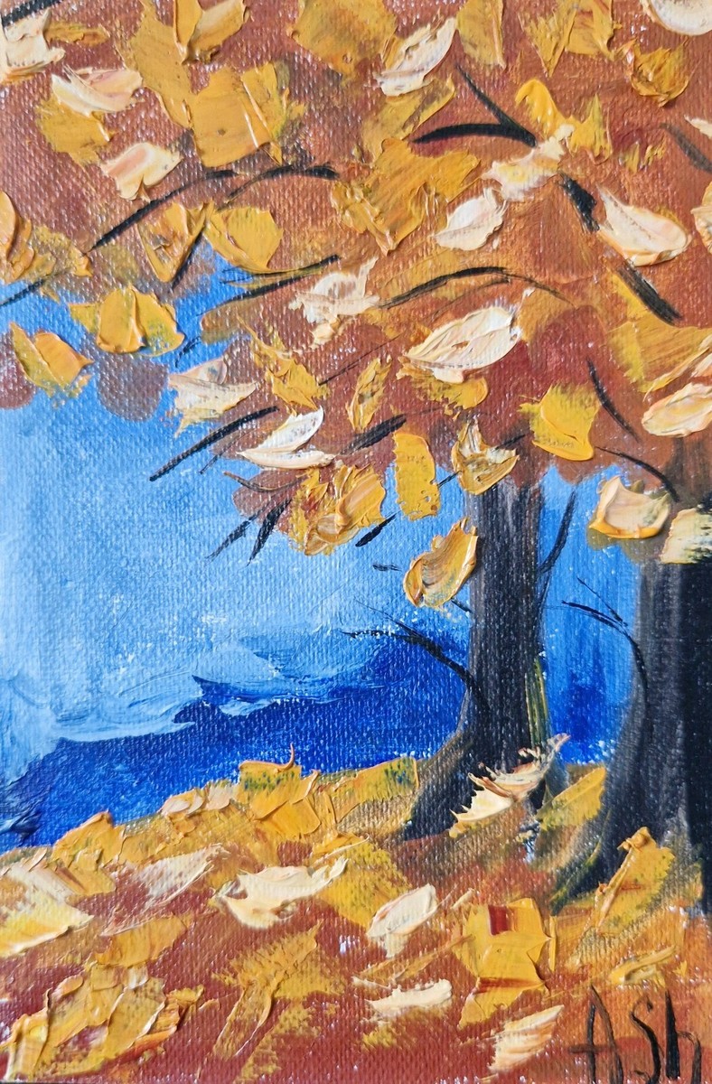 Original oil on canvas painting fall landscape yellow tree