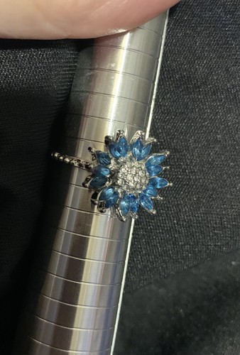 Fashion Sterling Silver Blue Stone Sunflower Ring Sz 10 - Picture 7 of 11