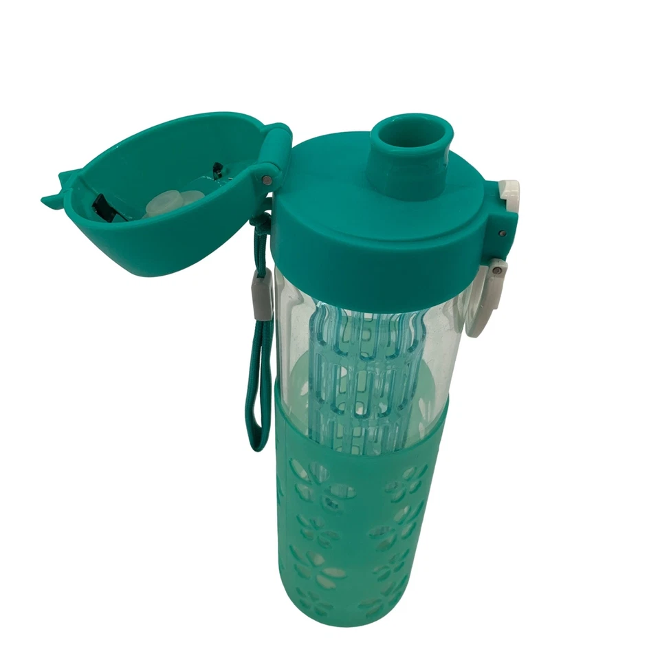 Botella de agua de vidrio infusor 16 oz tapa emergente 2279 envoltura de silicona infusor de agua Foto 4 de 4