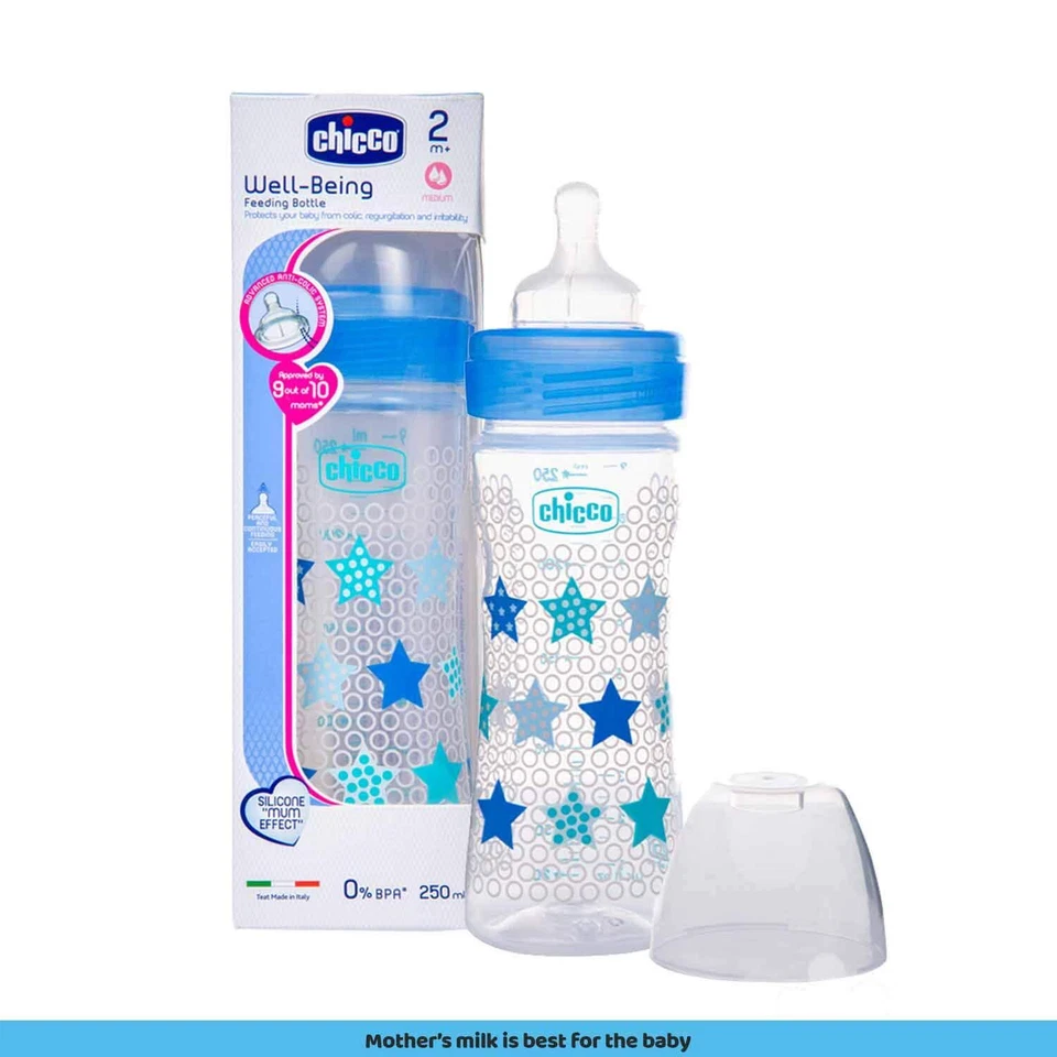 Biberón Chicco Wellbeing para todos los bebés color azul 250 ml capacidad Foto 2 de 4