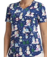 Scrubstar Women's V-Neck 3XL Penguins Playtime Snowmen Winter Scrub Top New