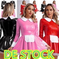 DE Damen Halloween Kostüm Dienstmädchen Outfit Lackleder Maid Cosplay Uniform