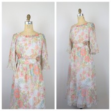 Vintage 1970s pleated floral dress, tea length, boat neck, flutter sleeve, sheer
