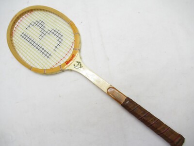 Raquette de tennis en bois vintage Champ J. Bancroft : décor homme des cavernes - France
