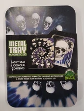 Smokezilla 7"x 5" Metal Rolling Tray Magnetic Lid Infinity Skull Stash Box NEW
