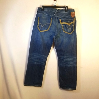Pure Venom Jean's Mens 36 Blue Vintage Baggy Bootleg Embroidered Leather EUC