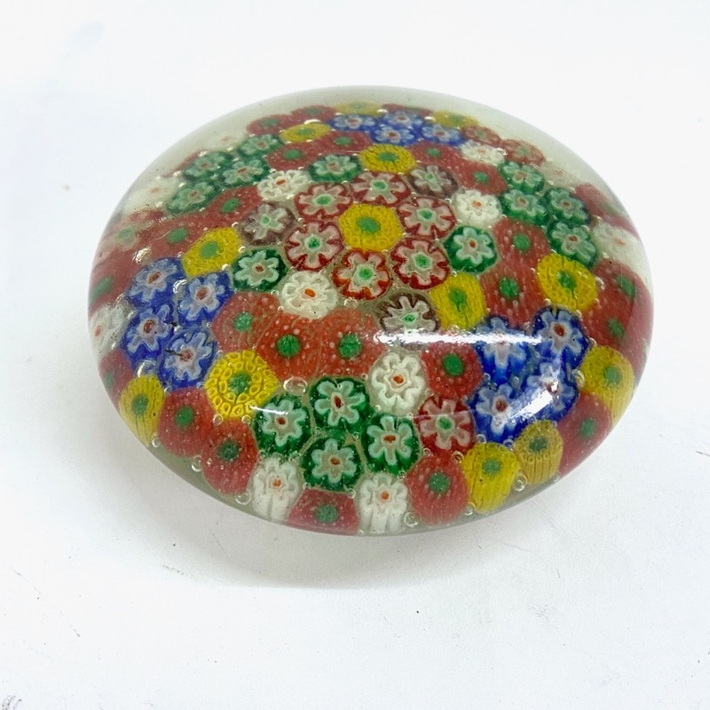 Antique 19th century Millefiore Glass paper weight iron content green hue 3 1/4"