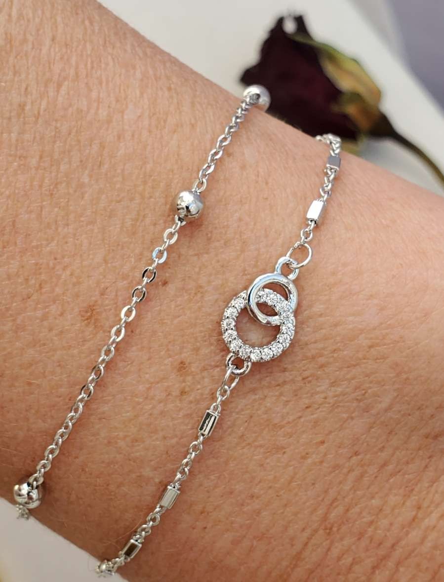 Bracelet double argent 925 anti-allergique avec pierres de zircones ajustables
