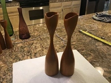 Vintage Danish Modern Tulip Turned Teak Candlesticks Sweden Set Lot Of 2