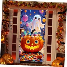Halloween Door Cover, Funny Ghost Trick or Treat Front Porch Sign Banner, Cute