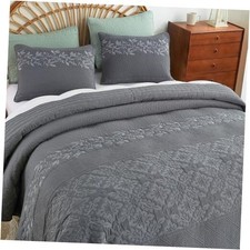 Floral Embroidered Quilt Set Queen Size 3 Piece Bedding Queen 92"X 96" Grey