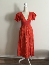 🆕 Urban Outfitters Cherry Print Midi Dress Open Back Puff Sleeve Size S