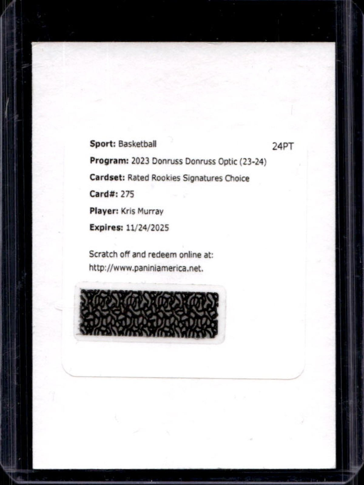 2023-24 Donruss Optic Kris Murray Rated Rookie Choice RC Auto #275 Trail Blazers