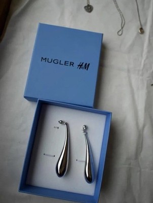 Mugler H&M Silver Teardrop Earrings Statement Drop Earrings w/ Original Box