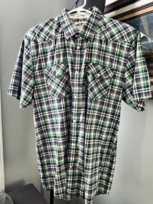 VANS Off The Wall Men's L Green/Gray/White Plaid SS Button-Up Pocket Shirt
