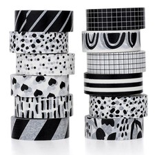 12 Rolls Washi Tape Set Black White Paper Thin 15 mm Wide 7 Meters Retro Deco...
