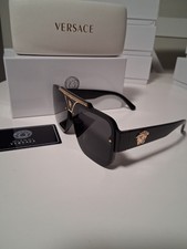 Versace Women  s Shield Sunglasses Black Frame Black Tinted Oversized Rimless