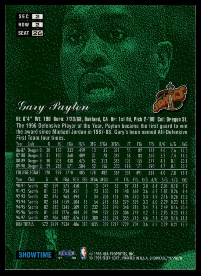 1997-98 Flair Showcase #26 Gary Payton Flair Showcase Row 2 - Image 2 of 2