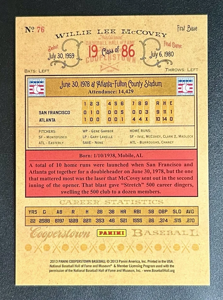 2013 Panini Cooperstown Collection - Willie McCovey #76 - Image 2 of 2