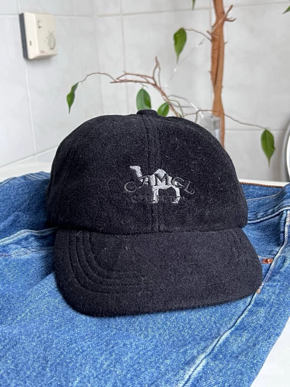 Vintage Camel Cigarette Hat 90s Cap Black Fleece Adjustable Buckle Strapback